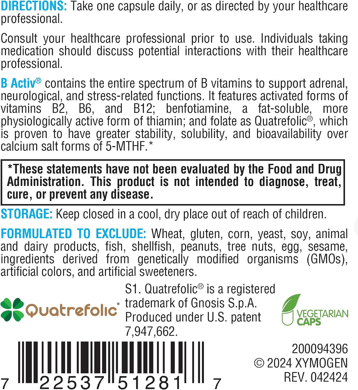 XYMOGEN B-Activ Activated B Vitamins with Benfotiamine & Quatrefolic – Adrenal, Immune & Nervous System Support – 30 Capsules - görsel 6