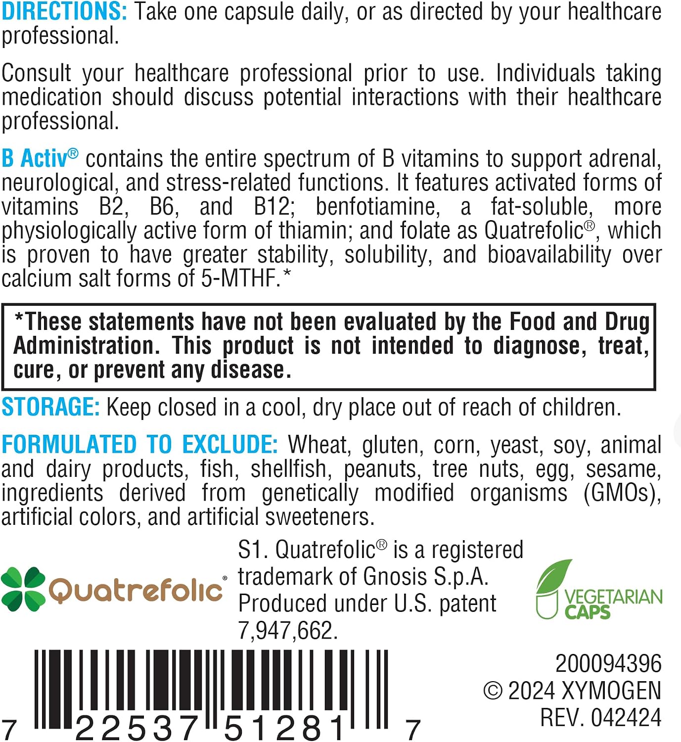 XYMOGEN B-Activ Activated B Vitamins with Benfotiamine & Quatrefolic – Adrenal, Immune & Nervous System Support – 30 Capsules - görsel 6