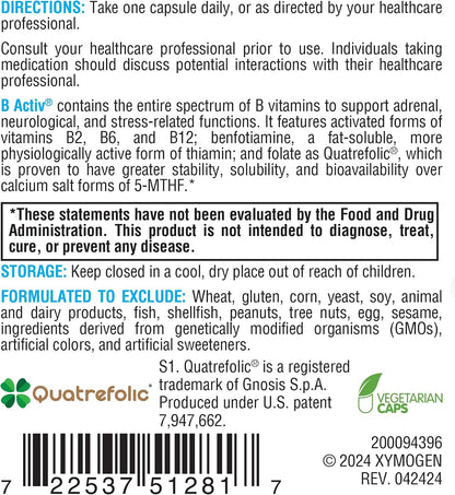 XYMOGEN B-Activ Activated B Vitamins with Benfotiamine & Quatrefolic – Adrenal, Immune & Nervous System Support – 30 Capsules