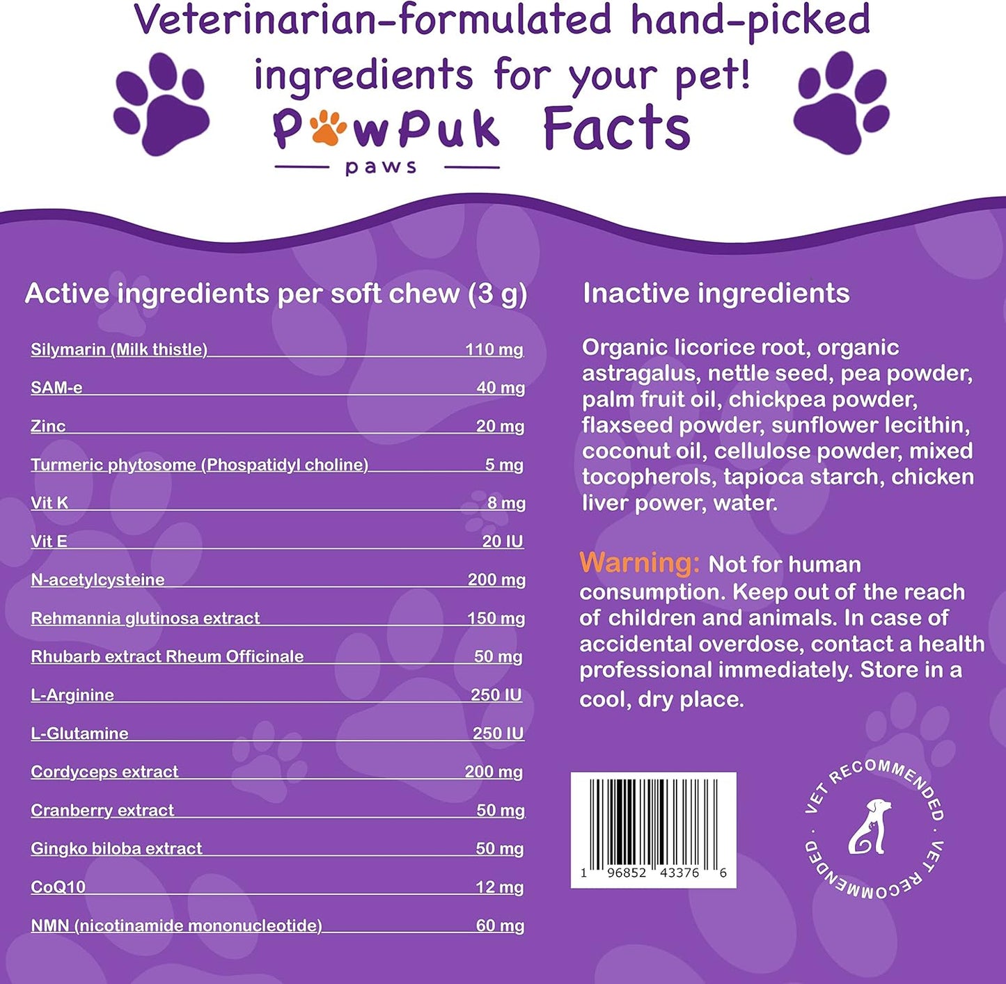PawPuk Paws Liver & Kidney Vitamins Supplements for Dogs, SAM-e & Silymarin - Liver Function, NMN & CoQ10 - Anti-Ageing, Rehmannia & Rhubarb - Natural Herbal Kidney Support, Cranberry - Urinary Tract Health - görsel 4