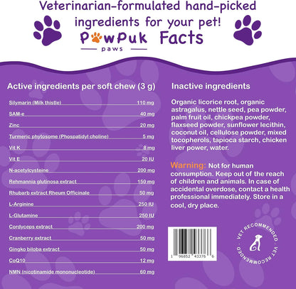 PawPuk Paws Liver & Kidney Vitamins Supplements for Dogs, SAM-e & Silymarin - Liver Function, NMN & CoQ10 - Anti-Ageing, Rehmannia & Rhubarb - Natural Herbal Kidney Support, Cranberry - Urinary Tract Health