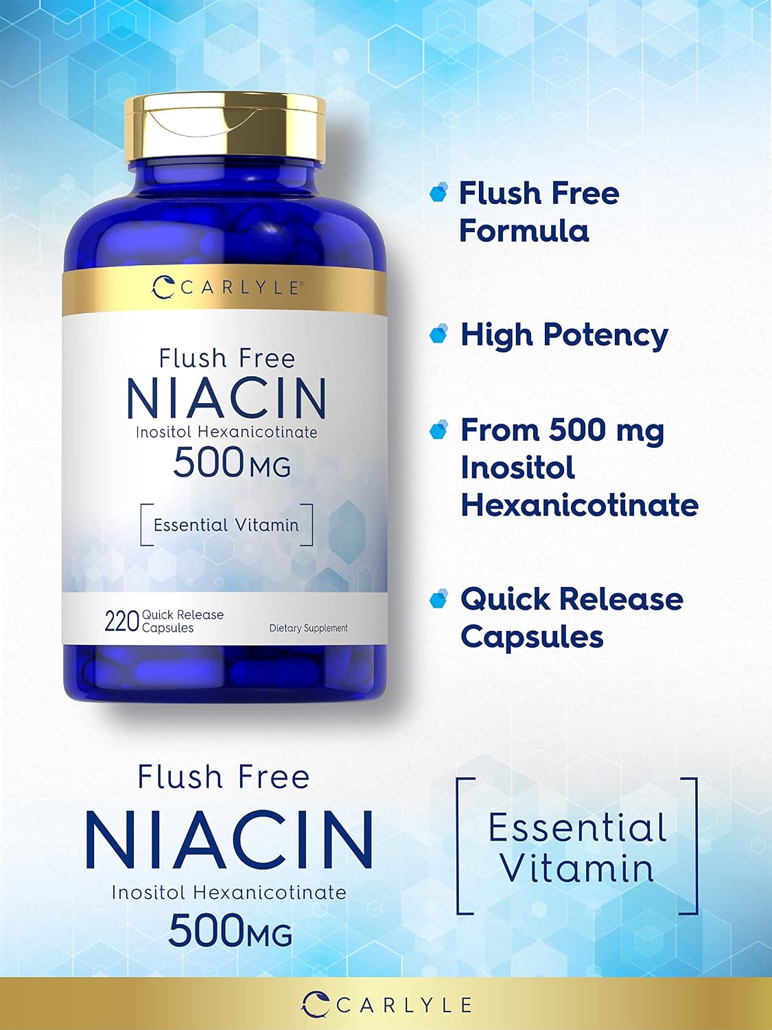 Carlyle Niacin Flush-Free 500mg | 220 Capsules | Non-GMO and Gluten-free Supplement - görsel 3