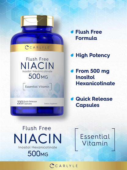 Carlyle Niacin Flush-Free 500mg | 220 Capsules | Non-GMO and Gluten-free Supplement