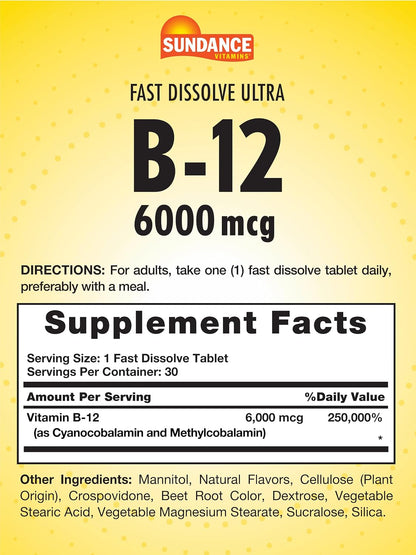 Sundance Fast Dissolve Vitamin B-12 | 6000 mcg | 30 Tablets | Natural Berry Flavour | Vegetarian, Non-GM, and Gluten-free Supplement