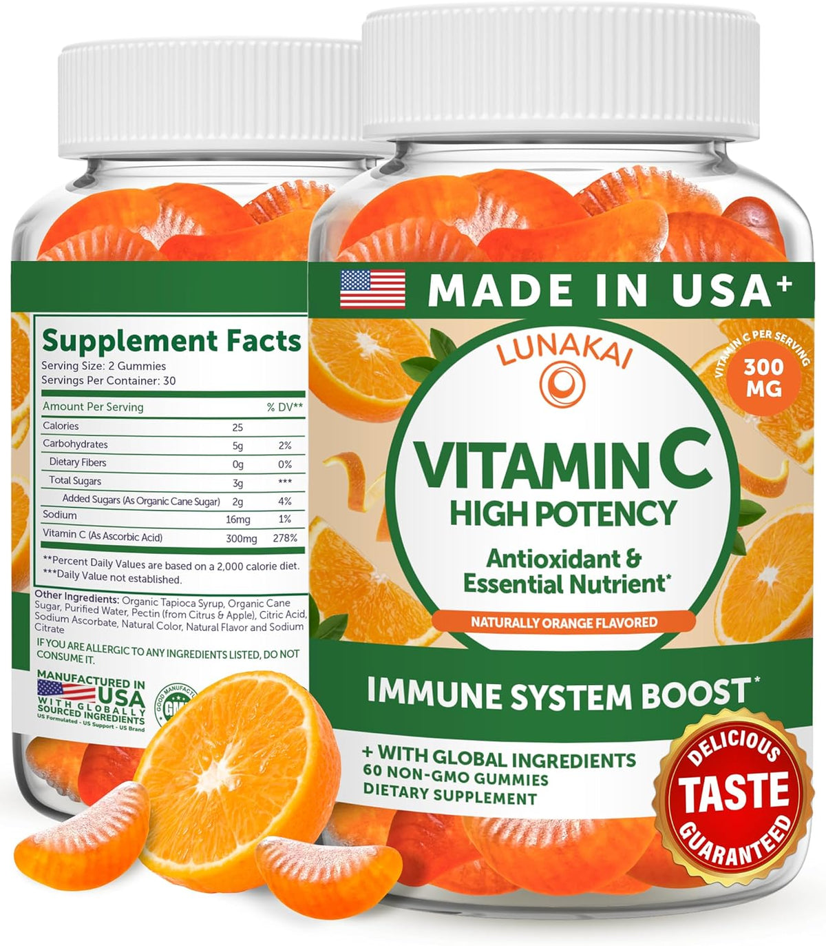 Lunakai Vitamin C Gummies - 300mg Immune Support for Adults and Children, Non-GMO, Vegan, Orange Flavour (60 Count) - görsel 1