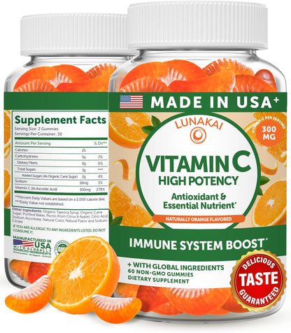 Lunakai Vitamin C Gummies - 300mg Immune Support for Adults and Children, Non-GMO, Vegan, Orange Flavour (60 Count)