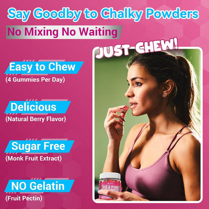 Creatine for Women Gummies: Micronised Creatine Monohydrate + Myo-Inositol, Collagen, BCAAs, Sugar Free - 120 Counts