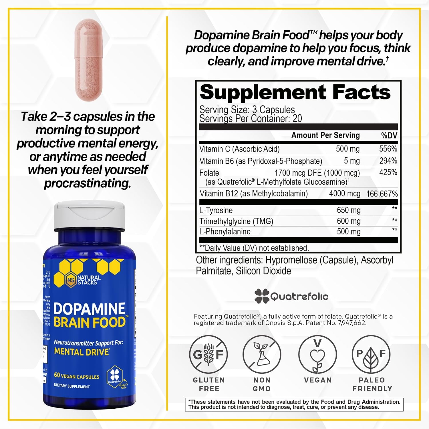 Natural Stacks Dopamine Brain Food – 650mg L-Tyrosine Supplement for Focus and Mental Drive – 60 Capsules - görsel 2