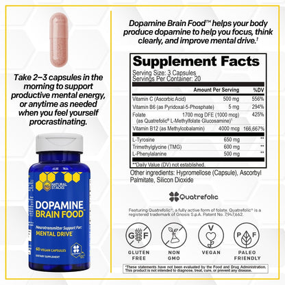 Natural Stacks Dopamine Brain Food – 650mg L-Tyrosine Supplement for Focus and Mental Drive – 60 Capsules