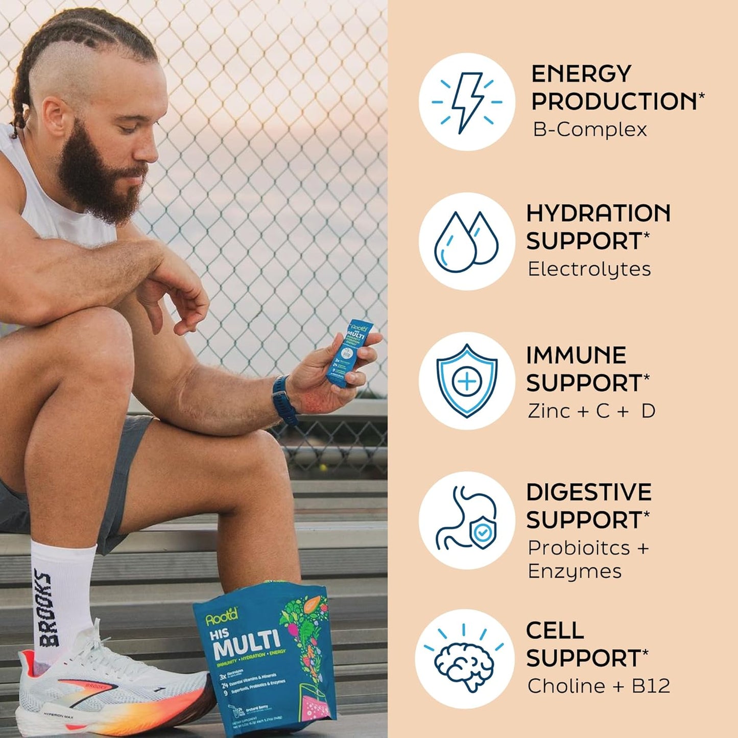 Root'd Multivitamin Powder with 3X Electrolytes for Men - 24 Vitamins & Minerals, 9 Organic Superfoods, Probiotics & Enzymes, Sugar-Free Hydration & Nutrition | 24 Packets - görsel 4