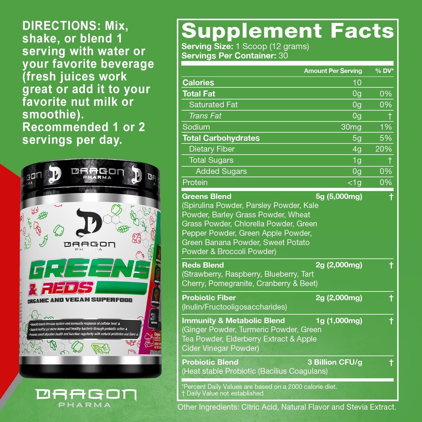 DRAGON PHARMA Greens and Reds Superfood Powder, 30 Servings (Original) - görsel 2