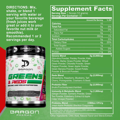 DRAGON PHARMA Greens and Reds Superfood Powder, 30 Servings (Original)