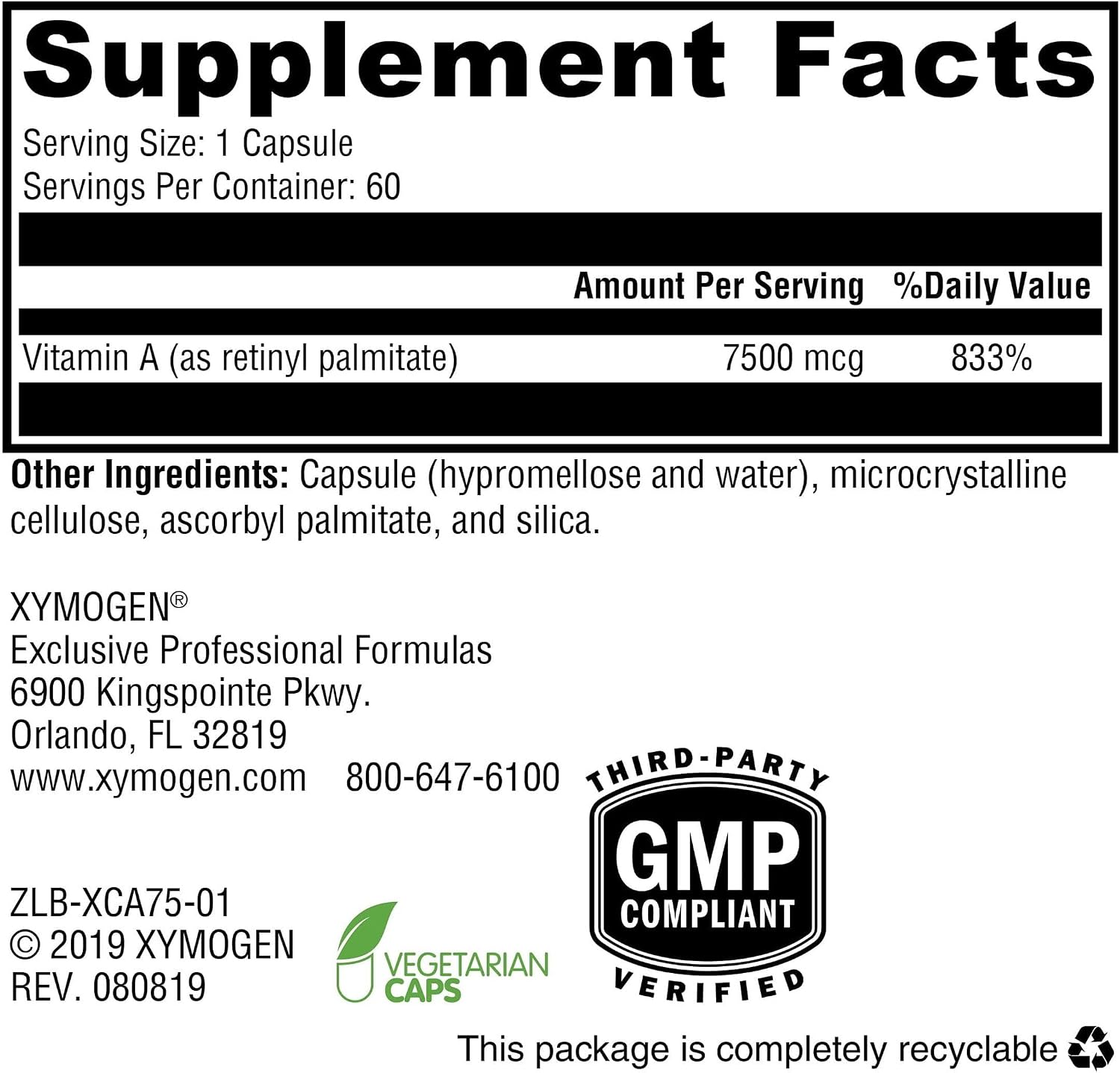XYMOGEN Xcellent A 7500 – Vitamin A (Retinyl Palmitate) 7,500 mcg, 60 Capsules - görsel 3