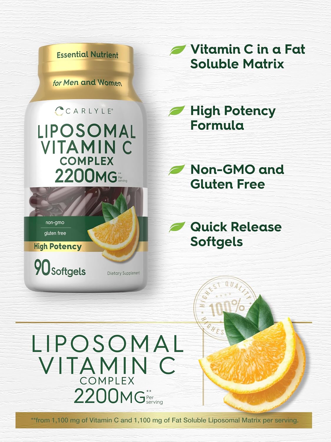 Carlyle Liposomal Vitamin C | 2200mg | 90 Soft gel capsule Capsules | High Potency Complex Supplement | Non-GM, Gluten-free - görsel 4