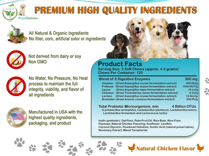 PureOptima Probiotic Chews for Dogs - Digestive Enzymes and Prebiotics - 120 Count
