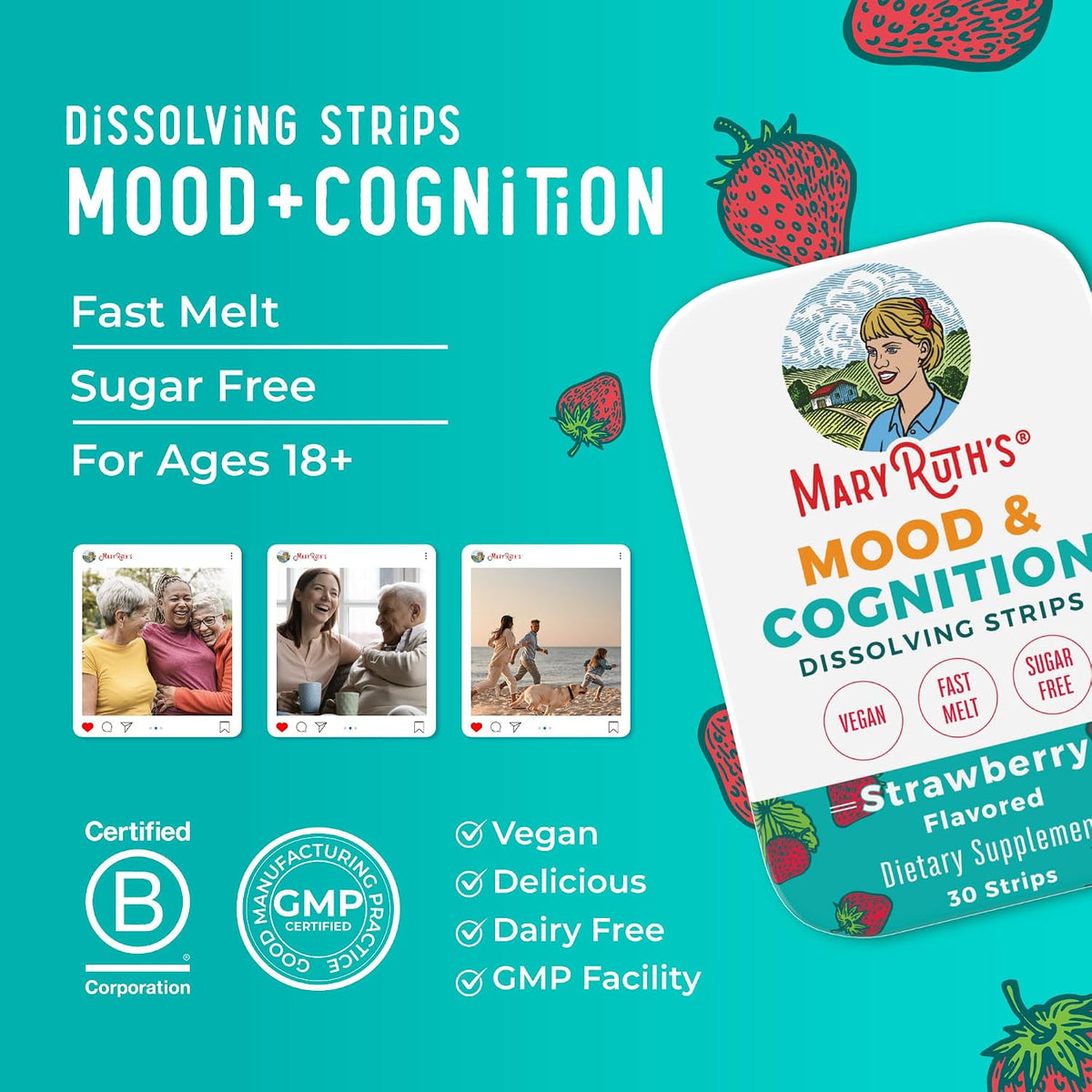 Mood & Cognition Dissolving Strips by MaryRuth's | Vitamin B12 | Vitamin B6 | Saffron | Folate | B Vitamins | Sugar Free | Strawberry Flavour | Vegan | Gluten-free | Dairy-free | 30 Strips - görsel 8