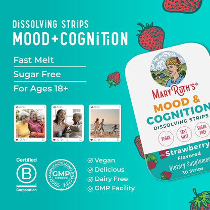 Mood & Cognition Dissolving Strips by MaryRuth's | Vitamin B12 | Vitamin B6 | Saffron | Folate | B Vitamins | Sugar Free | Strawberry Flavour | Vegan | Gluten-free | Dairy-free | 30 Strips