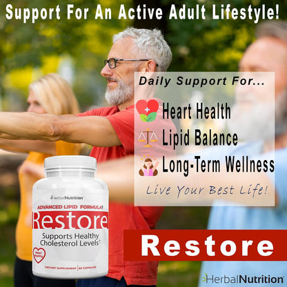 Restore - Heart Health & Cholesterol Support Food Supplement with Red Yeast Rice, Grape Seed Extract, Folic Acid and Niacin, 60 Capsules