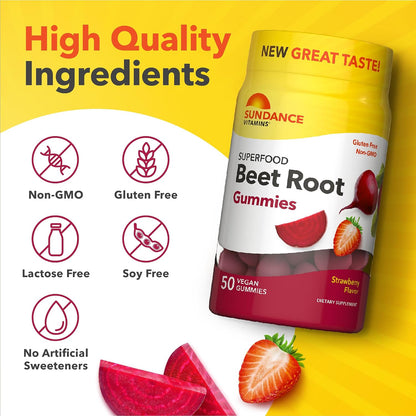 Sundance Beetroot Gummies - Superfood with Black Pepper, Strawberry Flavour - 50 Count - Vegan, Non-GMO & Gluten-free