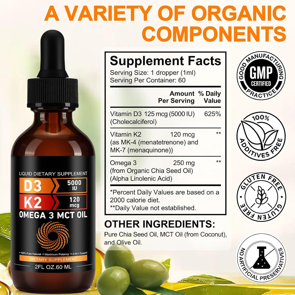 Daiasns Vitamin D3 5000 IU & K2 (MK-7) 120 mcg Liquid Drops with MCT Oil Omega-3 – 2 Month Supply - görsel 5