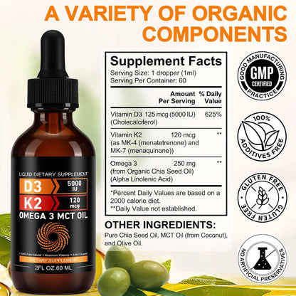 Daiasns Vitamin D3 5000 IU & K2 (MK-7) 120 mcg Liquid Drops with MCT Oil Omega-3 – 2 Month Supply