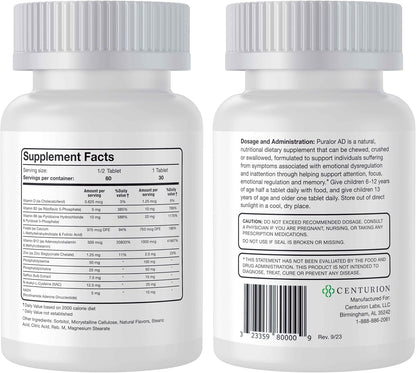 Centurion Premium Puralor AD, Cognitive and Focus Supplement for Children with Saffron, Folate, Vitamin C, D and Zinc, 30 Chewable Tablets