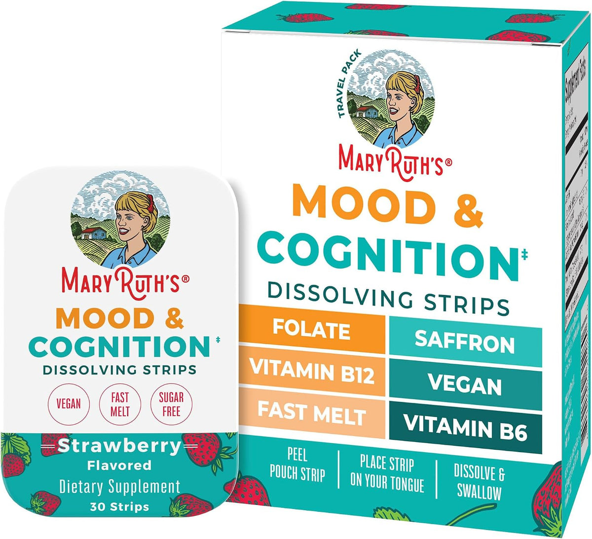 Mood & Cognition Dissolving Strips by MaryRuth's | Vitamin B12 | Vitamin B6 | Saffron | Folate | B Vitamins | Sugar Free | Strawberry Flavour | Vegan | Gluten-free | Dairy-free | 30 Strips - görsel 1