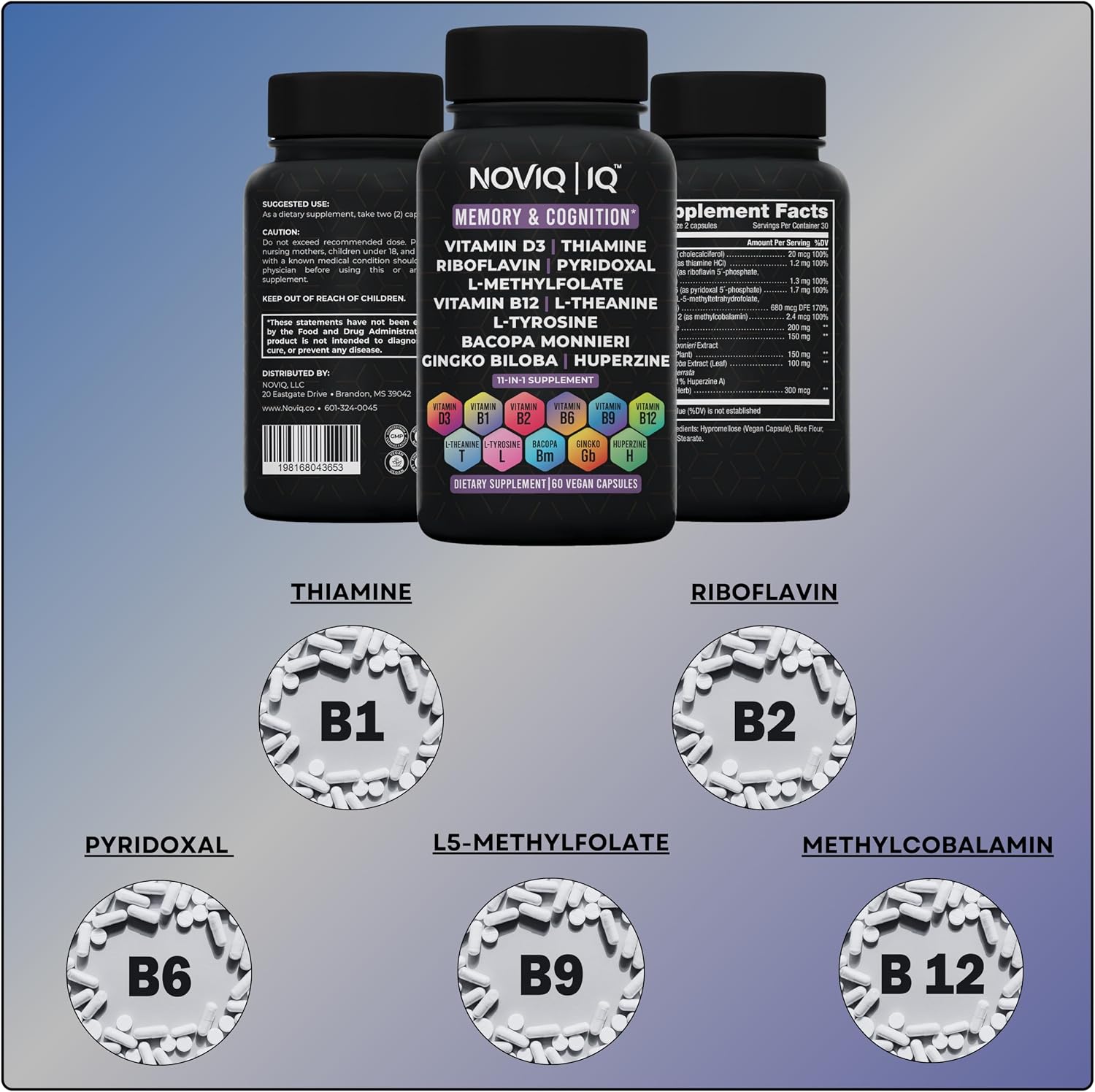 NOVIQ IQ Nootropic Supplement - 11-in-1 Brain Support with Methyl B-Complex - 60 Capsules - görsel 6