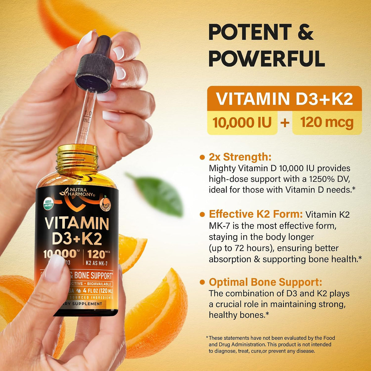 Vitamin D3 K2 USDA Organic Drops, 10000 IU D3 & 120 mcg K2 MK-7, Orange Flavour, 120 ml (120-Day Supply) - görsel 6
