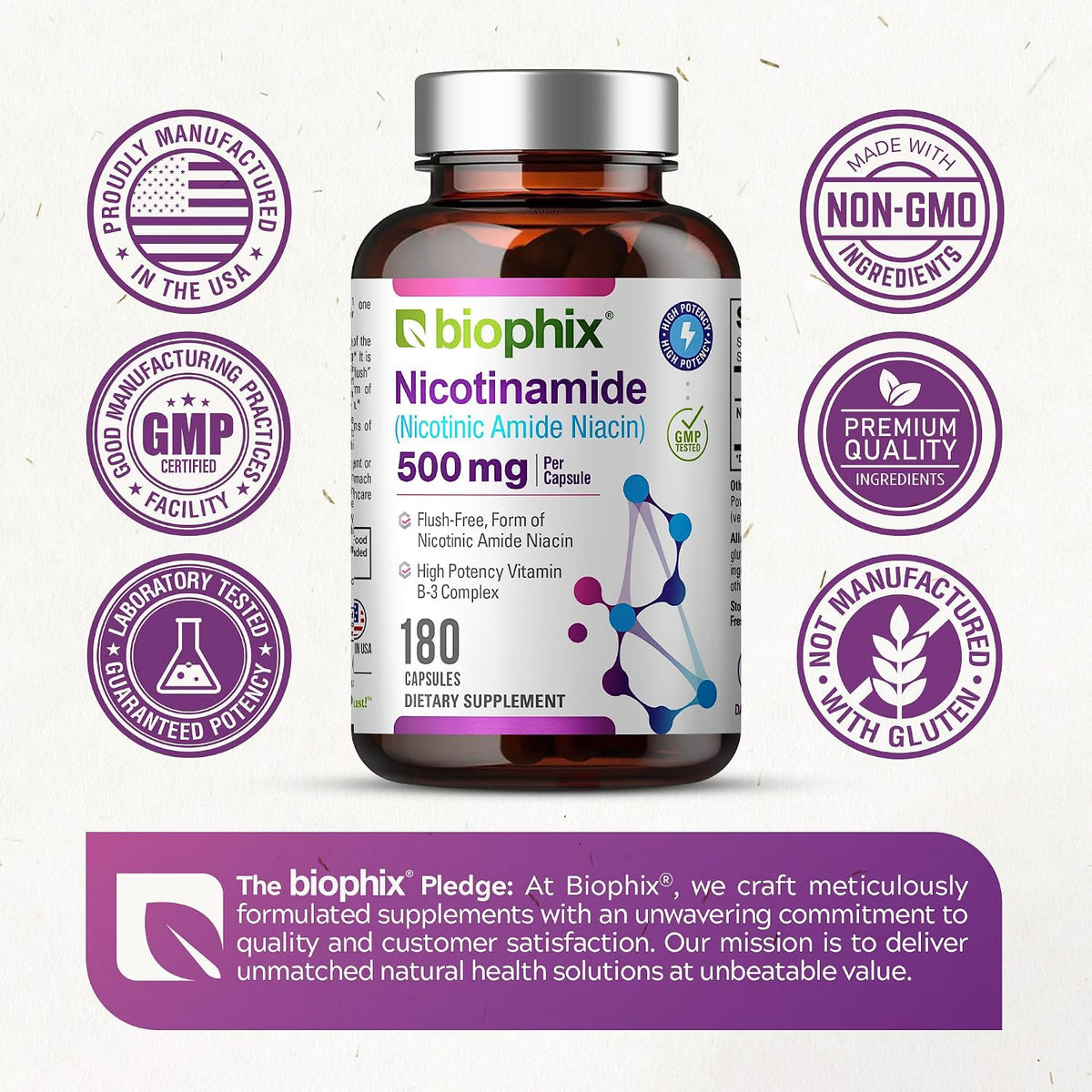biophix B-3 Nicotinamide 500 mg, 180 Capsules – Flush-Free Vitamin B3 Supplement - görsel 7