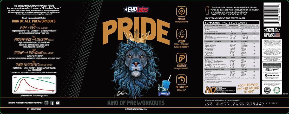 EHP Labs Pride Pre Workout Powder - Sugar Free Preworkout for Men & Women, 280mg Caffeine, BCAA, Blue Slushie (40 Servings) - görsel 10