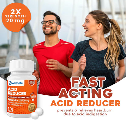 WELMATE Famotidine Acid Reducer 20 mg - Maximum Strength Heartburn Relief - 100 Tablets