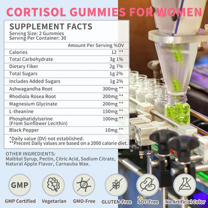 Cortisol Gummies for Women – Ashwagandha, Magnesium, L-Theanine & Rhodiola – Vegan (180 Gummies)