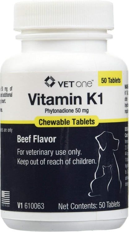 Vet One Vitamin K1 Chewable Tablets – Vitamin K1 for Dogs, Beef-Flavoured Chewable Vitamins for Cats and Dogs (50 Tablets, Phytonadione 50mg)