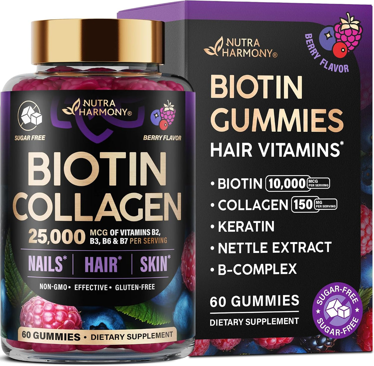 NUTRAHARMONY Biotin Gummies with Collagen - Hair, Skin and Nail Support - 10000mcg, Sugar-Free, Mixed Berry, 60 Gummies - görsel 1