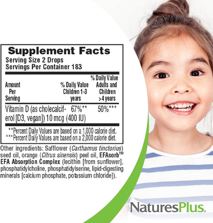 NaturesPlus Animal Parade Liquid Vitamin D3 Drops for Children – 400 IU, Orange Flavour, 10 mL – 365 Servings