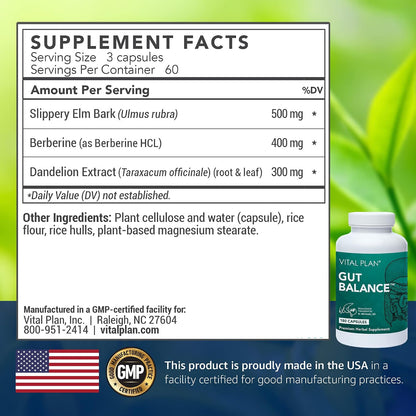 Vital Plan Gut Balance - Advanced Digestive Health with Slippery Elm, Berberine & Dandelion (180 Capsules)