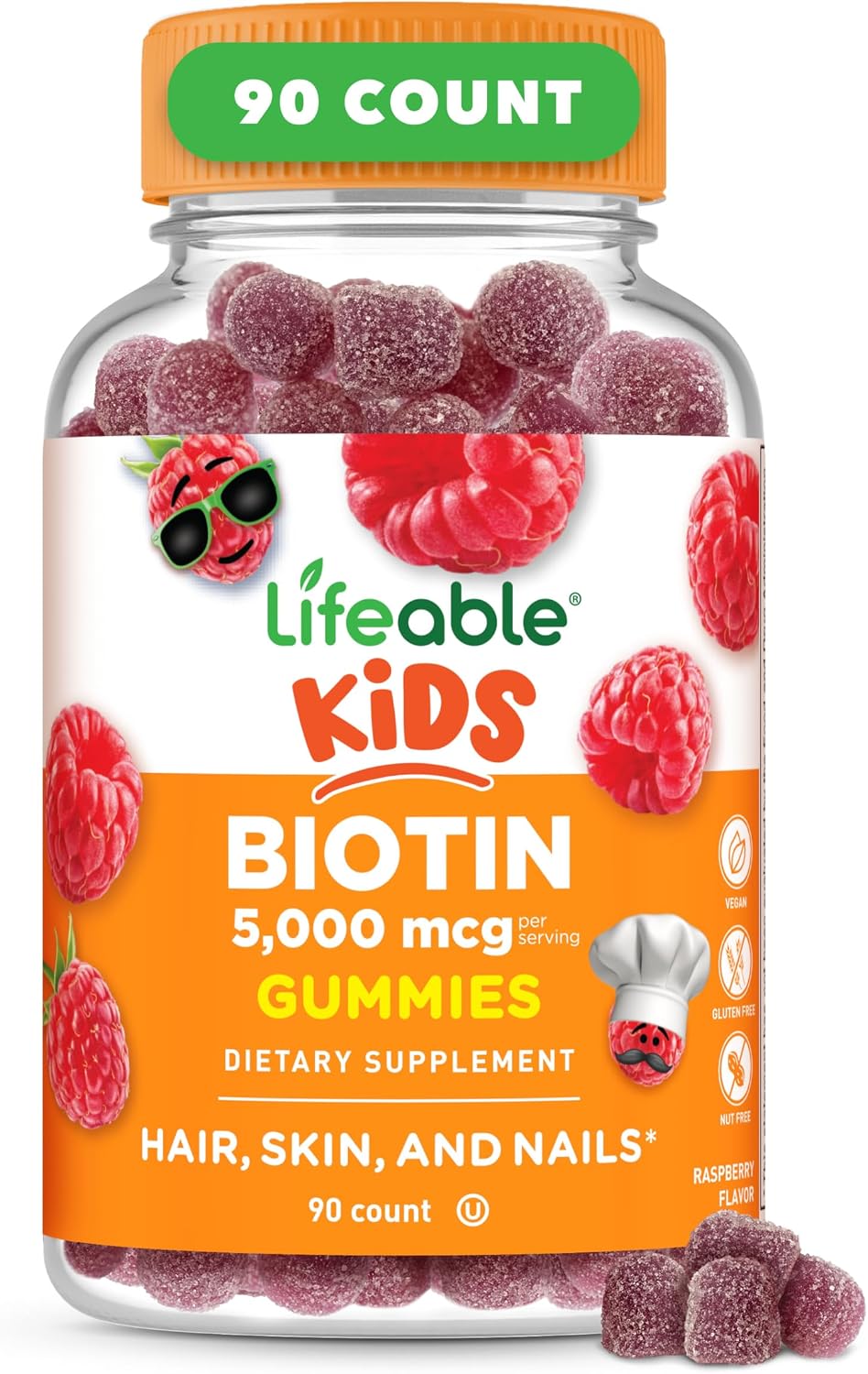 Lifeable Kids Biotin Gummies, 5000mcg, Natural Raspberry Flavour, 90 Gummies - görsel 1