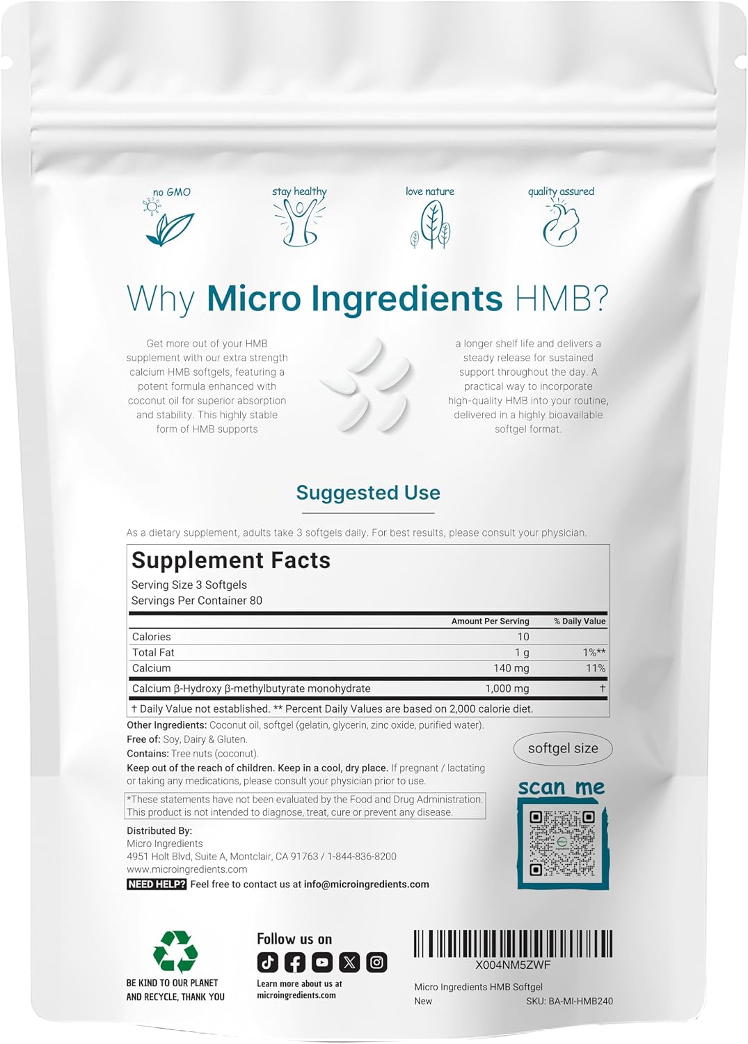 Micro Ingredients HMB 1,000mg - 240 Soft gel capsules with Coconut Oil - görsel 2