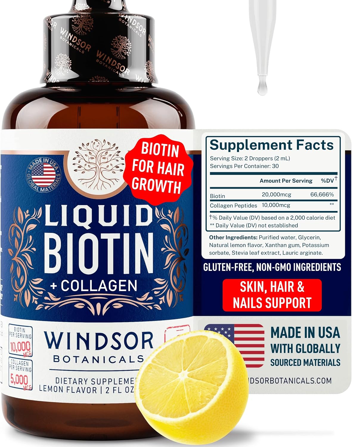 WINDSOR BOTANICALS Liquid Biotin and Collagen Drops - 10,000mcg Biotin + 5,000mcg Hydrolysed Collagen Types I & III - Lemon Flavour - 60 ml - görsel 1