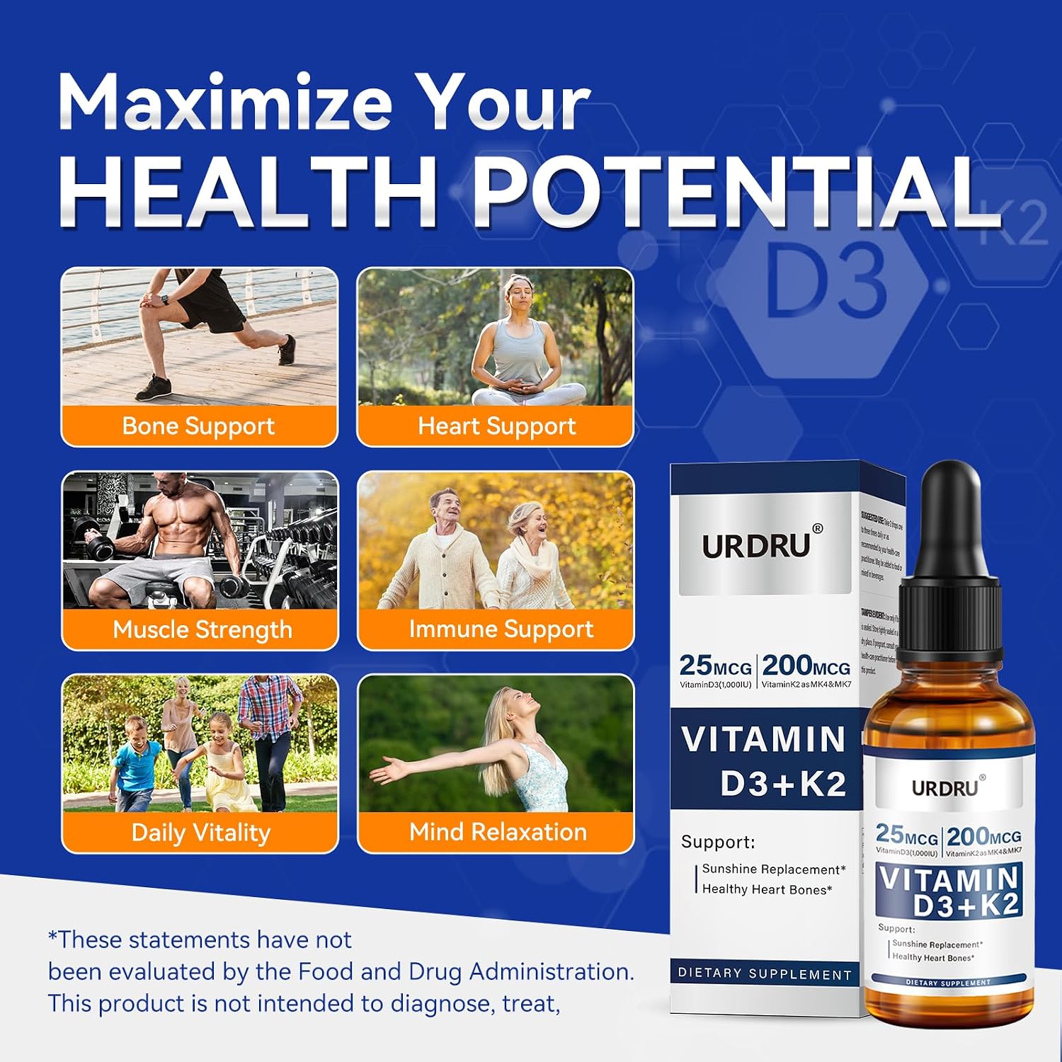 URDRU Organic Vitamin D3 K2 Liquid Drops - 1000 IU D3 & 200 mcg K2 - 30 ml Maximum Absorption Drops for Immune and Mood, Bone and Teeth Health - görsel 5