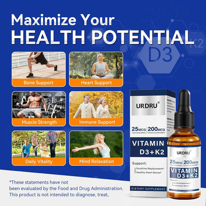 URDRU Organic Vitamin D3 K2 Liquid Drops - 1000 IU D3 & 200 mcg K2 - 30 ml Maximum Absorption Drops for Immune and Mood, Bone and Teeth Health