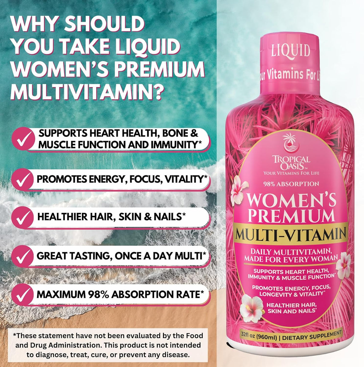 Tropical Oasis Women's Premium Liquid Multivitamin - Sugar Free, Non-GMO, 32 Servings - görsel 5
