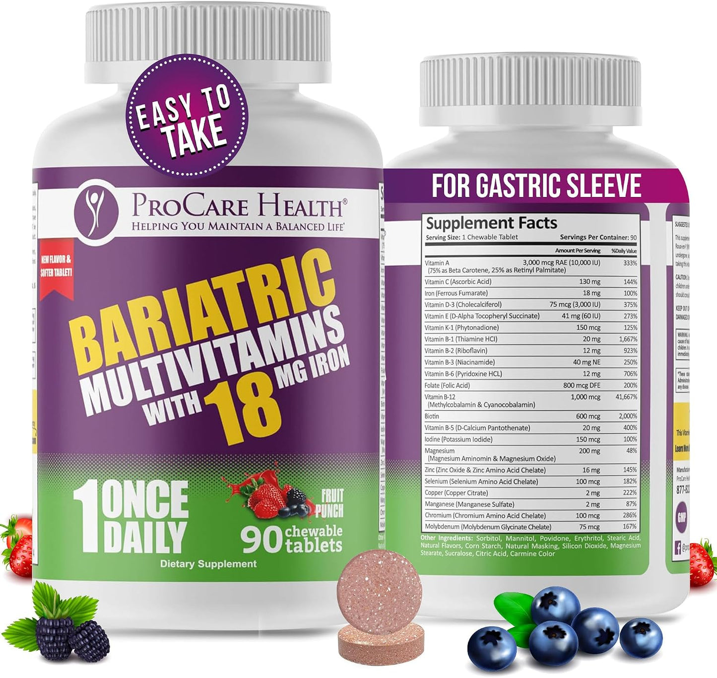 ProCare Health Bariatric Chewable Multivitamin with Iron 18mg - Fruit Punch - 90 Tablets (3 Month Supply) - görsel 1