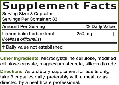 Bronson Melissa Lemon Balm Extra Strength, Non-GMO, 250 Vegetarian Capsules