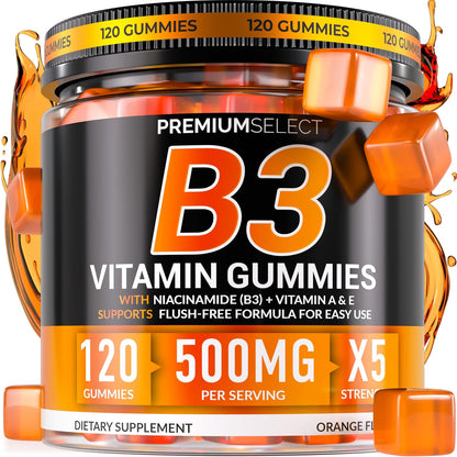 Vitamin B3 Gummies Niacinamide 500mg – Flush-Free Niacinamide Supplement with Vitamins A & E – 120 Vegan Gummies – Non-GMO, Sugar-Free, Gluten-free – 2-Month Supply