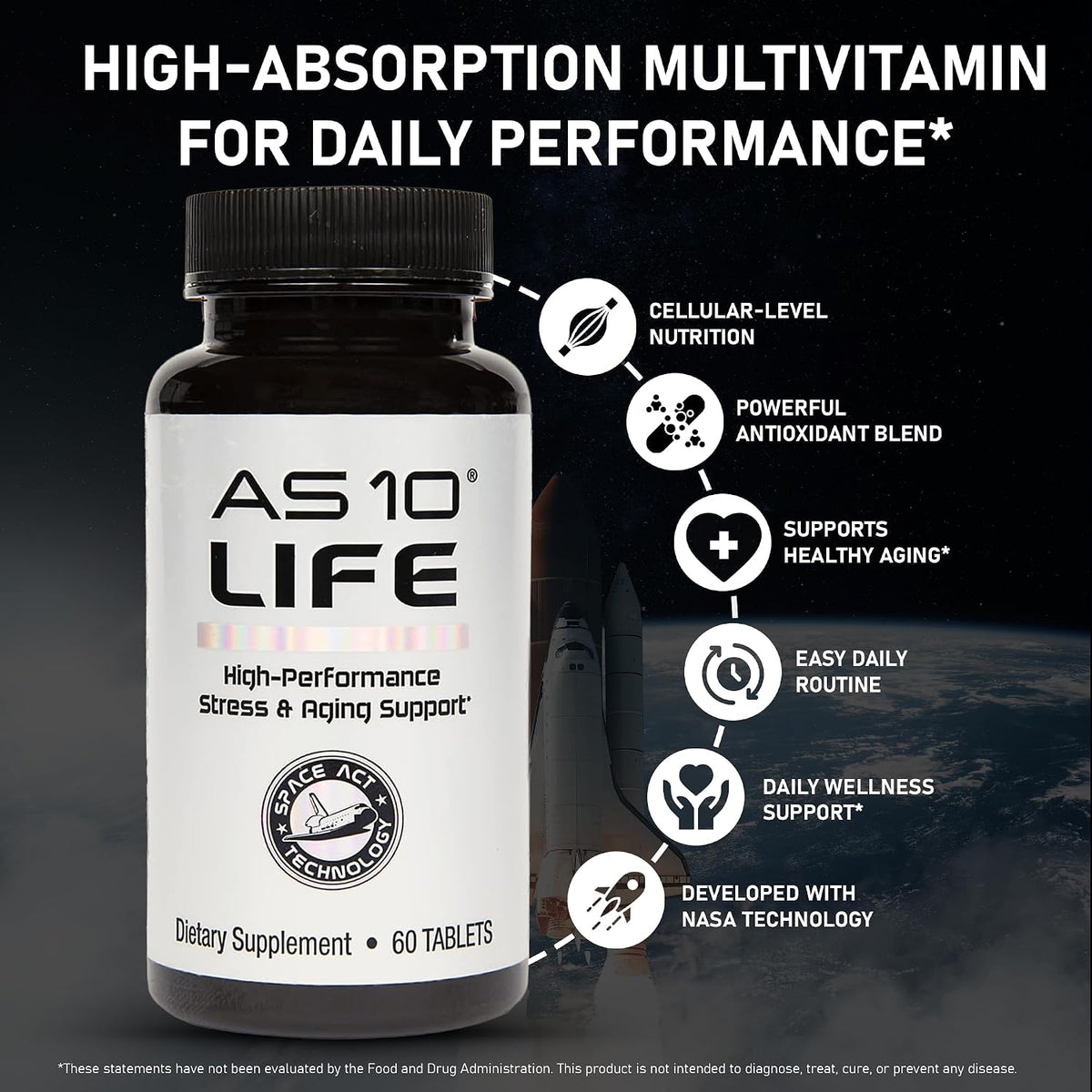 Nugevity AS 10 Life – Stress and Immune Support and Anti-Ageing Supplement - Multivitamin and Antioxidants Tablet, Resveratrol, Alpha Lipoic Acid, Lutein and Zeaxanthin, Co-Developed by NASA, 60 Tablets - görsel 3
