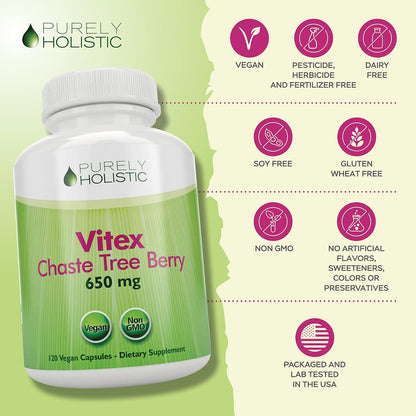 Purely Holistic Chasteberry Vitex Supplement 650mg - 4 Month Supply 120 Vegan Capsules Agnus-Castus Chaste Tree Berry Capsules Supports Normal Hormone Balance for Women