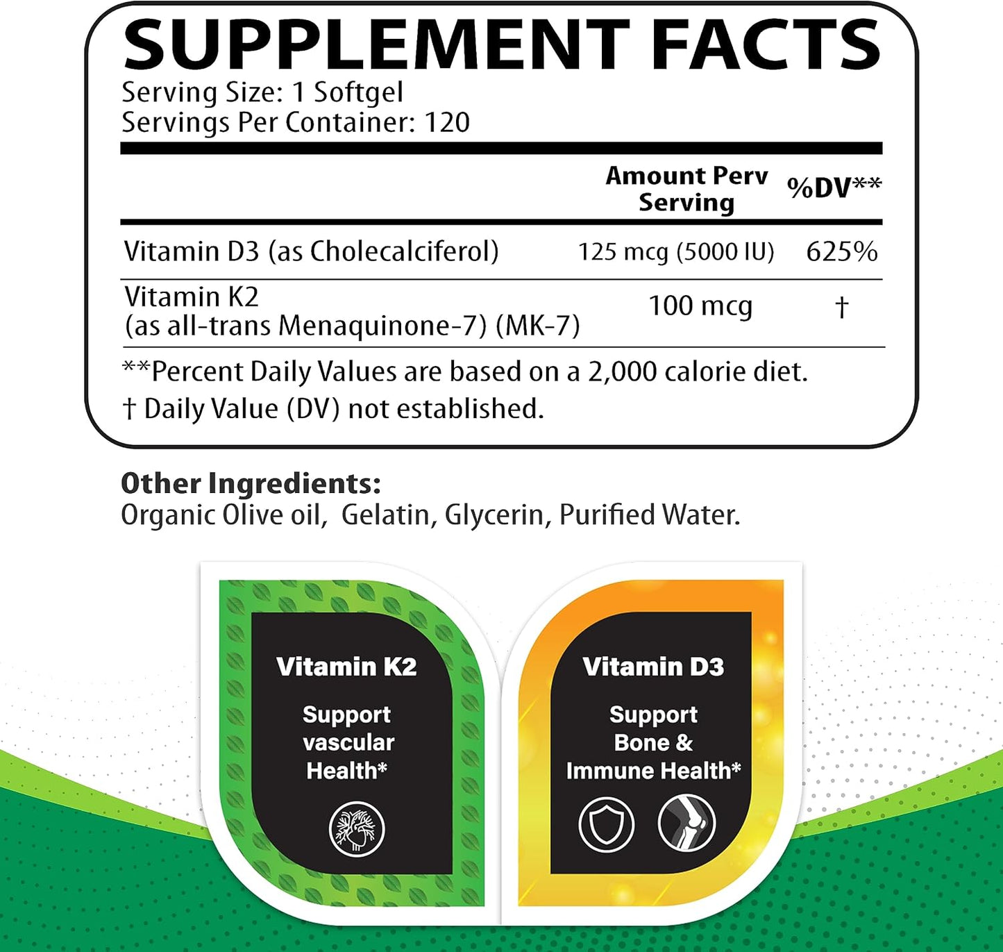 Vitamin D3 K2 5000 IU & 100 mcg MK-7 – 120 Softgels - görsel 3
