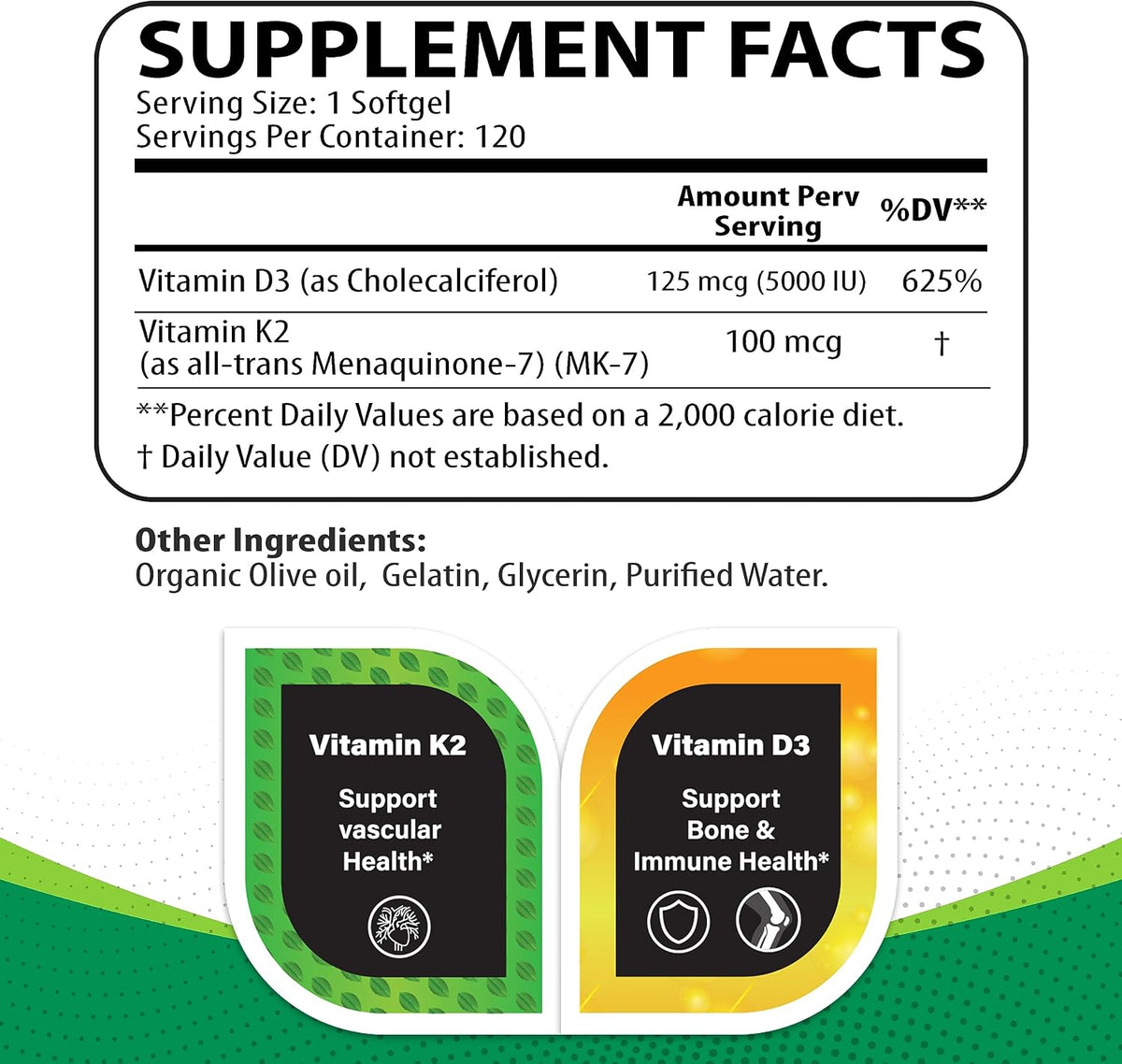 Vitamin D3 K2 5000 IU & 100 mcg MK-7 – 120 Softgels - görsel 3